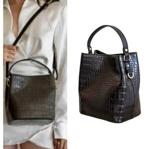 AOTA All Of The Above Elena Croc Bucket Bag Crossbody Vegan Leather Black NWT